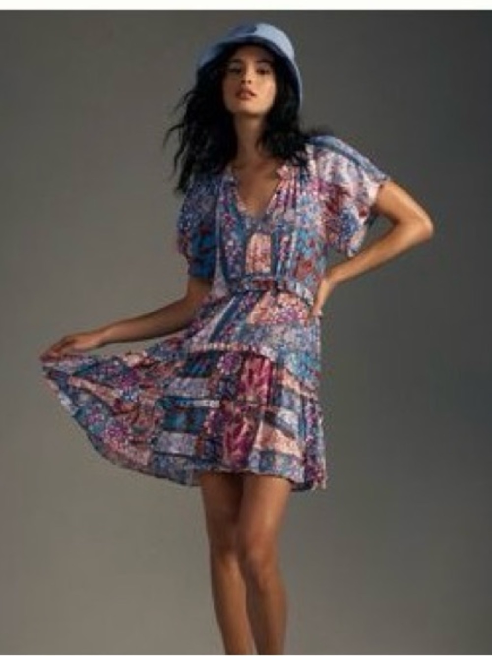 Anthropologie Patchwork Floral V-Neck Mini Dress in Blue and Pink